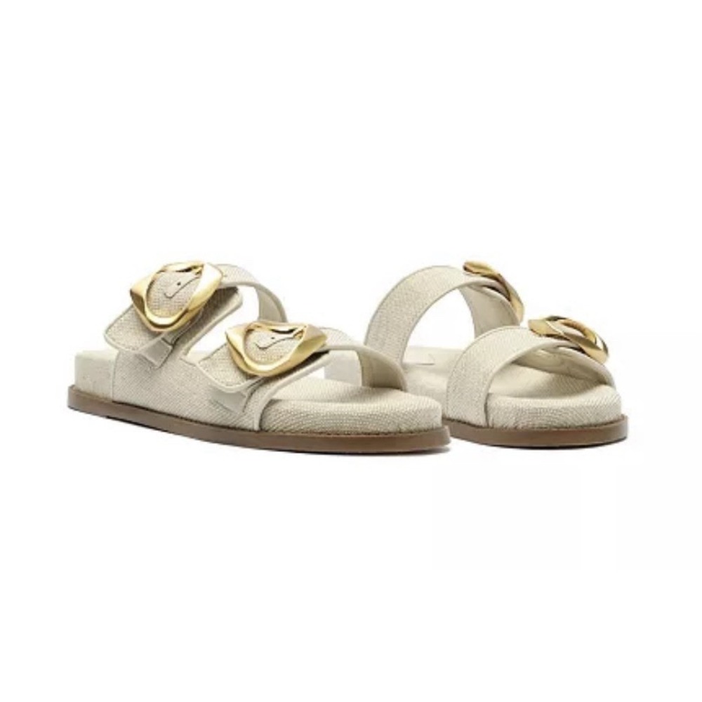 Schutz Olga 7.5 B Beige Linen Sandals Two Band Sporty Slides Gold Buckle $158
